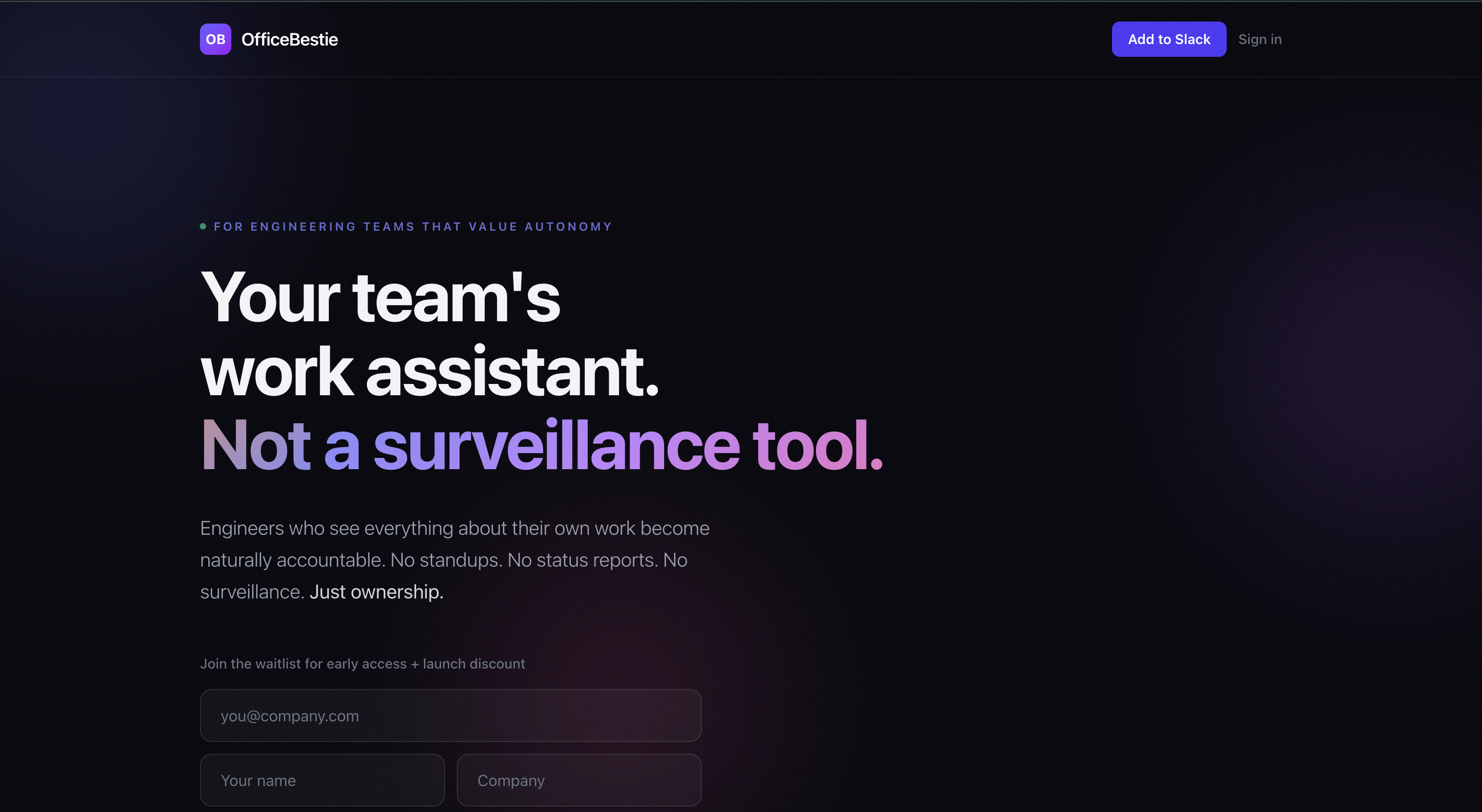 OfficeBestie landing page — Your team's work assistant. Not a surveillance tool.